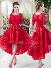Red A-line Scoop Half Sleeves Lace High Low Zipper Prom Dress