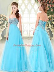 Fancy Floor Length Aqua Blue Prom Dress Tulle Sleeveless Beading