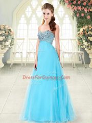 Fancy Floor Length Aqua Blue Prom Dress Tulle Sleeveless Beading