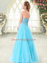 Fancy Floor Length Aqua Blue Prom Dress Tulle Sleeveless Beading