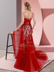 Amazing Blue Sleeveless Tulle Sweep Train Zipper Prom Gown for Prom and Party