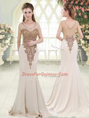 Exquisite Scoop Sleeveless Sweep Train Side Zipper Prom Evening Gown White Elastic Woven Satin