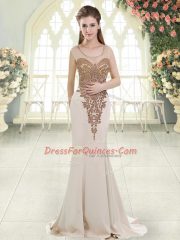 Exquisite Scoop Sleeveless Sweep Train Side Zipper Prom Evening Gown White Elastic Woven Satin