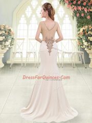 Exquisite Scoop Sleeveless Sweep Train Side Zipper Prom Evening Gown White Elastic Woven Satin