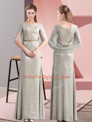 Half Sleeves Floor Length Belt Zipper Homecoming Dress with Grey
