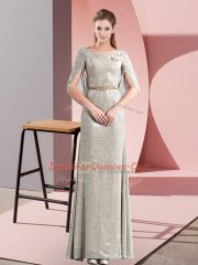 Half Sleeves Floor Length Belt Zipper Homecoming Dress with Grey