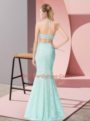 Baby Blue Two Pieces Halter Top Sleeveless Floor Length Backless Beading and Lace Prom Dress