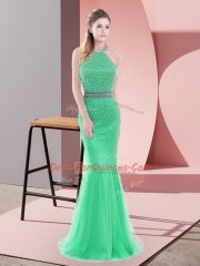 Dynamic Halter Top Sleeveless Sweep Train Backless Homecoming Dress Green Tulle