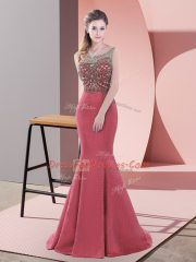 High Class Red Mermaid Beading Evening Dress Backless Satin Sleeveless