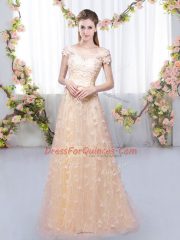 Fashionable Peach Off The Shoulder Lace Up Appliques Quinceanera Dama Dress Cap Sleeves