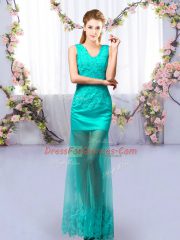 Enchanting Turquoise Sleeveless Floor Length Lace Lace Up Damas Dress