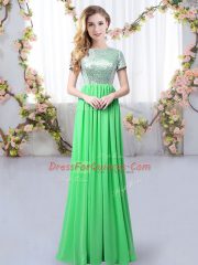 Fashionable Short Sleeves Chiffon Floor Length Zipper Dama Dress in Green with Sequins
