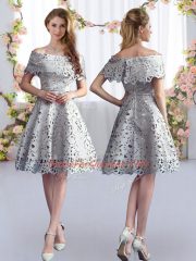 Grey Zipper Court Dresses for Sweet 16 Short Sleeves Knee Length Lace