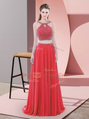 Red Chiffon Backless Straps Sleeveless Sweep Train Beading