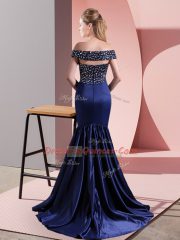 Unique Blue Evening Dress Prom and Party with Beading Off The Shoulder Sleeveless Sweep Train Zipper