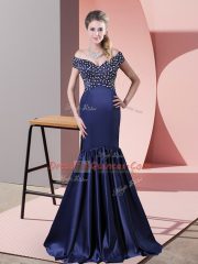 Unique Blue Evening Dress Prom and Party with Beading Off The Shoulder Sleeveless Sweep Train Zipper