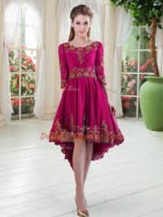 High Low Lace Up Prom Dress Fuchsia for Prom and Party with Embroidery