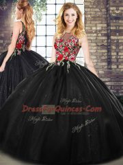 Black Ball Gowns Embroidery Quince Ball Gowns Zipper Sleeveless Floor Length