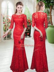Cheap Red Mermaid Lace Prom Party Dress Zipper Half Sleeves Floor Length
