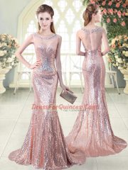 Pink Prom Dresses Sequined Brush Train Sleeveless Beading