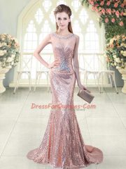 Pink Prom Dresses Sequined Brush Train Sleeveless Beading