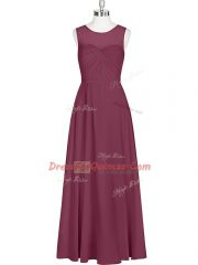 Burgundy Zipper Scoop Ruching Dress for Prom Chiffon Sleeveless