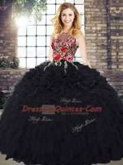 Elegant Floor Length Black Sweet 16 Quinceanera Dress Organza Sleeveless Embroidery and Ruffles