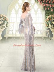 Most Popular Floor Length Mermaid Long Sleeves Silver Prom Gown