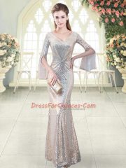 Most Popular Floor Length Mermaid Long Sleeves Silver Prom Gown