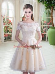 Champagne Short Sleeves Knee Length Lace Lace Up Prom Party Dress