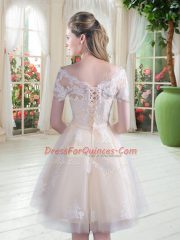 Champagne Short Sleeves Knee Length Lace Lace Up Prom Party Dress