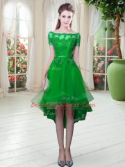 Pretty Off The Shoulder Short Sleeves Party Dress Wholesale High Low Appliques Green Tulle