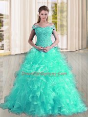 Hot Selling Turquoise Sleeveless Organza Sweep Train Lace Up Quinceanera Gown for Military Ball and Sweet 16 and Quinceanera