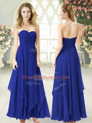 Sweetheart Sleeveless Prom Evening Gown Ankle Length Ruching Royal Blue Chiffon