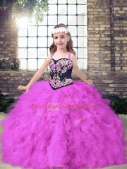 Modern Fuchsia Ball Gowns Straps Sleeveless Tulle Floor Length Lace Up Embroidery and Ruffles Child Pageant Dress