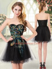 Black A-line Tulle Sweetheart Sleeveless Beading and Appliques Mini Length Lace Up Prom Dress