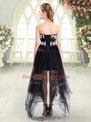 Traditional Black Sleeveless High Low Appliques Lace Up Dress for Prom