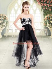 Traditional Black Sleeveless High Low Appliques Lace Up Dress for Prom