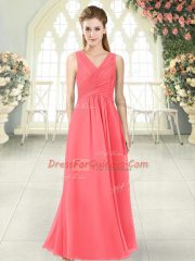 Watermelon Red Chiffon Zipper V-neck Sleeveless Floor Length Evening Dress Ruching
