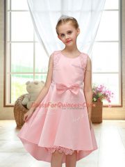 Sleeveless High Low Lace and Bowknot Zipper Flower Girl Dresses for Less with Pink