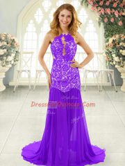 Free and Easy Mermaid Sleeveless Lavender Evening Dress Brush Train Backless
