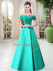 Romantic A-line Dress for Prom Turquoise Off The Shoulder Satin Short Sleeves Floor Length Lace Up