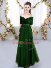 Short Sleeves Tulle Floor Length Lace Up Quinceanera Dama Dress in Green with Ruching