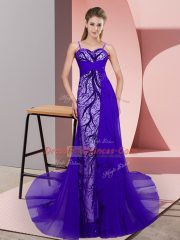 Customized Sleeveless Tulle Sweep Train Zipper Prom Dresses in Purple with Beading and Lace