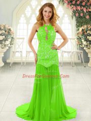 Brush Train Mermaid Prom Gown Scoop Chiffon Sleeveless Backless