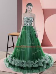 Green Sleeveless Tulle Sweep Train Lace Up Prom Dress for Prom and Party and Military Ball