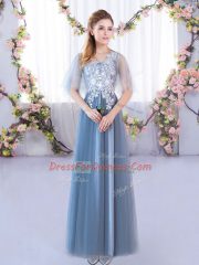 Dazzling Blue A-line Tulle V-neck Half Sleeves Lace Floor Length Lace Up Dama Dress