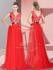 Sleeveless Sweep Train Zipper Beading and Lace Dress for Prom