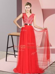 Sleeveless Sweep Train Zipper Beading and Lace Dress for Prom