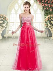 Suitable Coral Red Tulle Lace Up Sweetheart Sleeveless Floor Length Party Dress Wholesale Beading